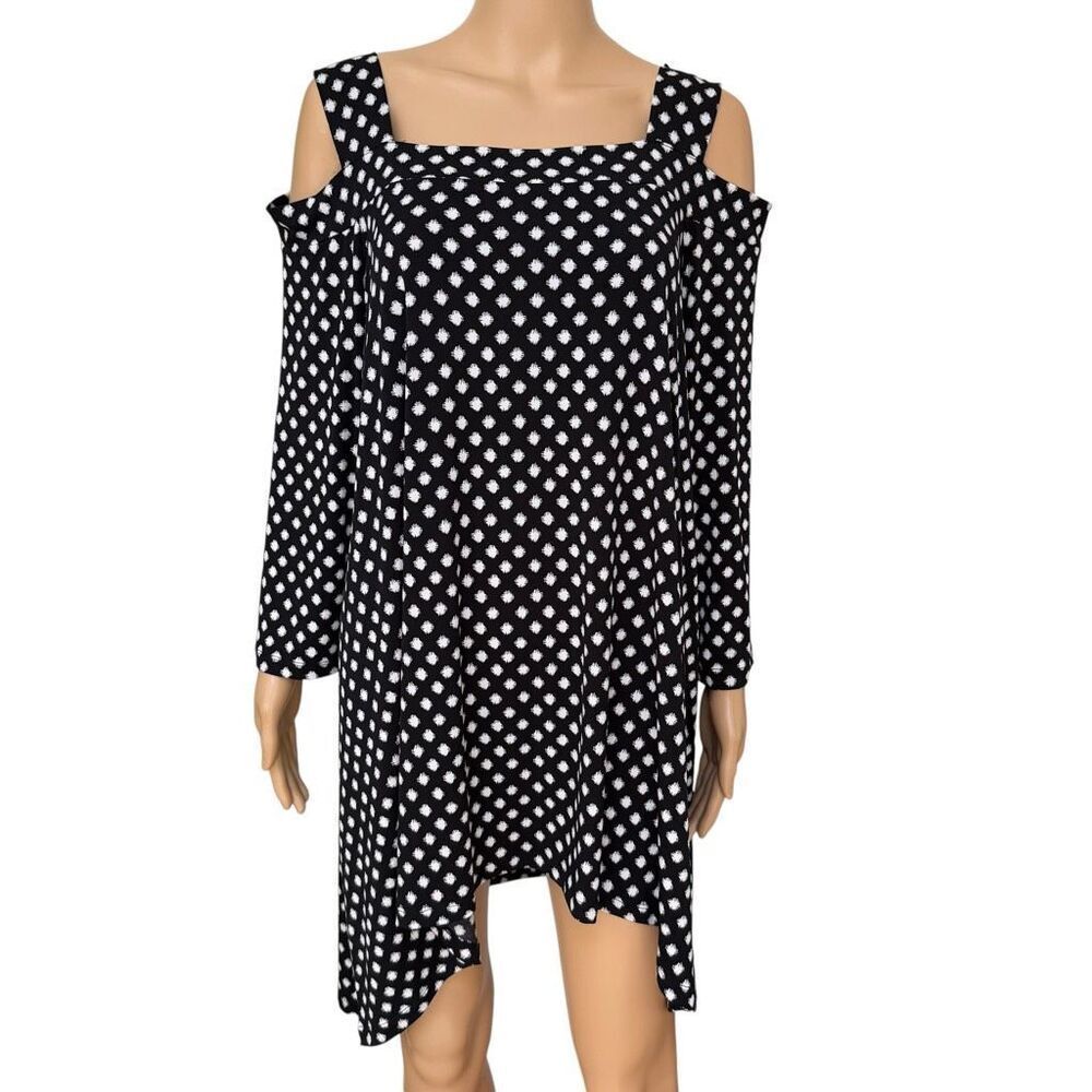 Chico's Womens Cold Shoulder Tunic Top Polka Dot 3/4 Sleeve sharkbite L NWT